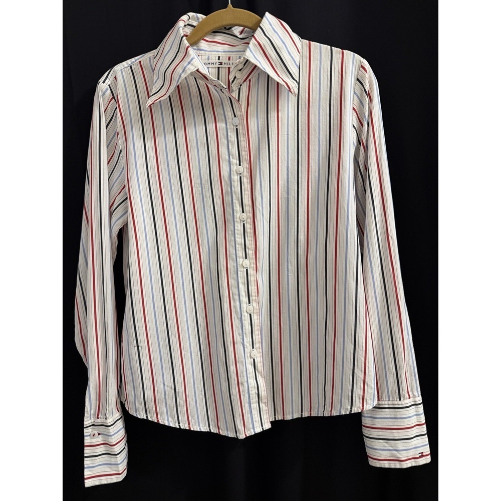 Tommy Hilfiger Women's 10 Woven Cotton White Red Blue Striped Point Button-Up